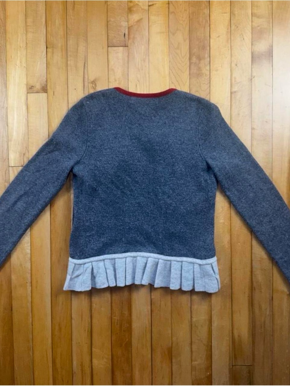 Sparrow Women’s Small Wool Blend Ruffle Open Cardigan Gray Red Striped Cashmere - Picture 7 of 8